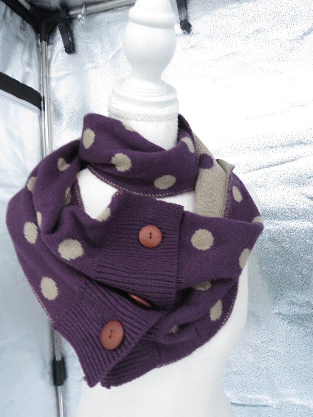 Mud Pie Scarf Knit Button Scarf Purple Polka Dot Knit Wrap One Size 70 x 11